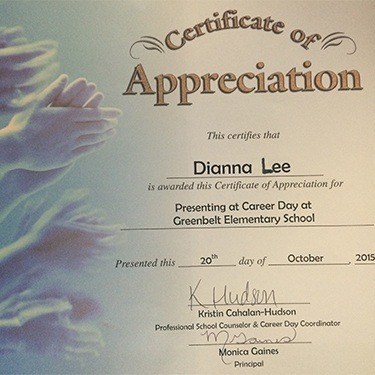 Certificate of appreciate for Doctor Lee’s presentation at Greenbelt Elementary career day