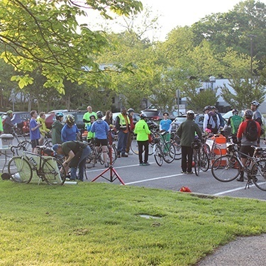 Group of bike to work week participants meeting up to kick off event