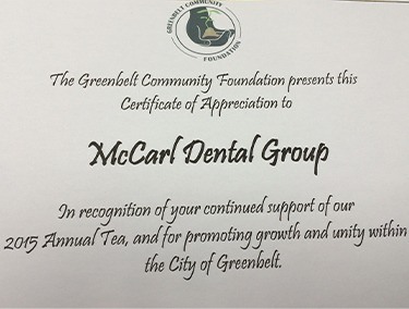 Greenbelt Community Foundation appreciation certificate for McCarl Dental Group