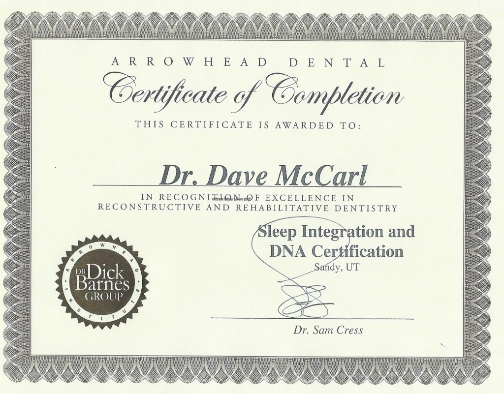 Dr Dave McCarl certification in the treatment of obstructive sleep apnea